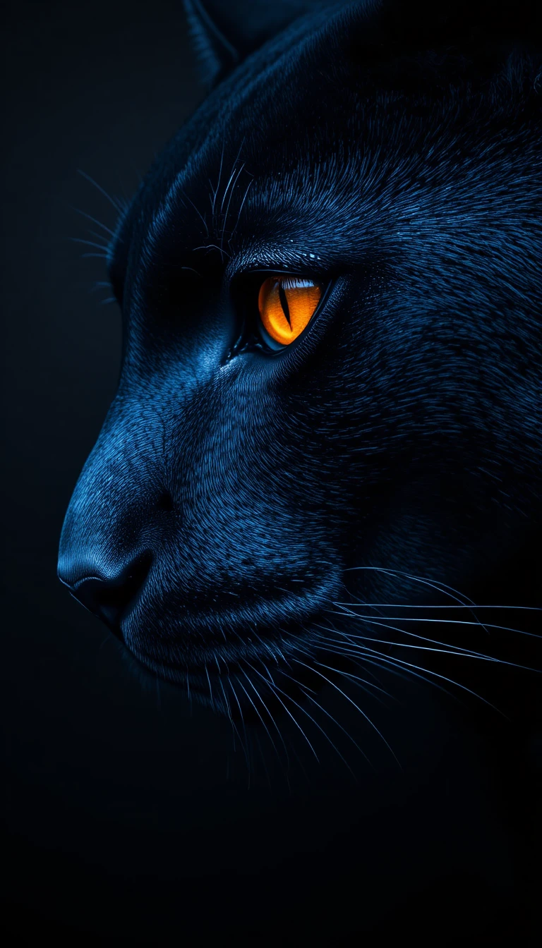 O olho âmbar brilhante de uma pantera negra surge entre pelos azul-escuros quase negros