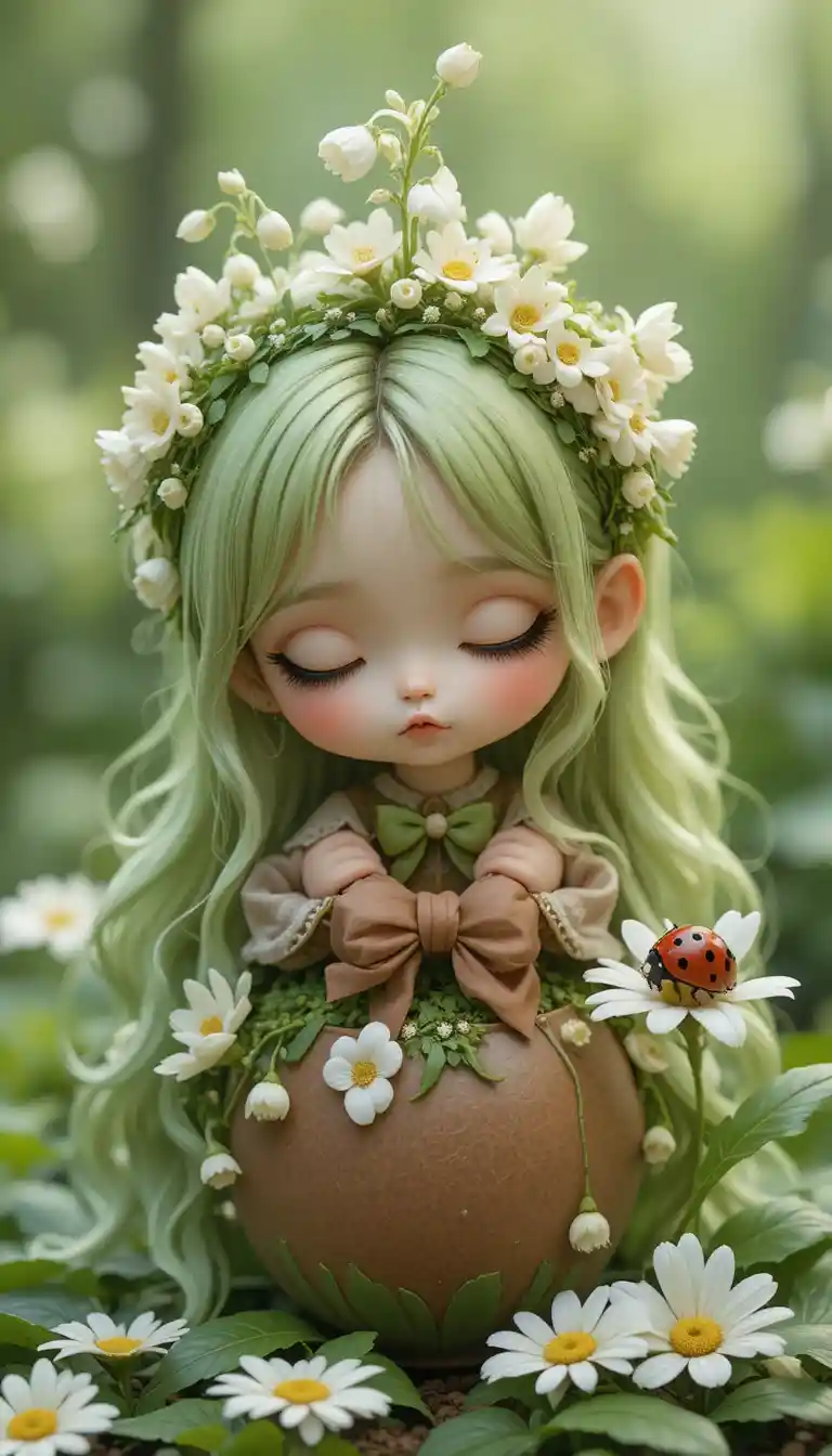 Un bébé muguet chibi se penche en avant pour donner un baiser