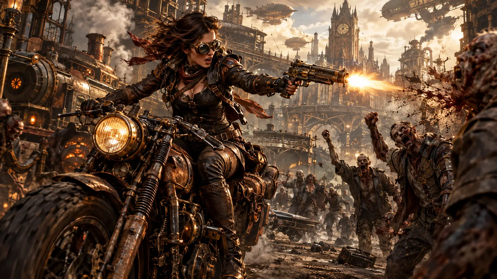 A warrior woman rides through zombie infested streets on an old motorcycle