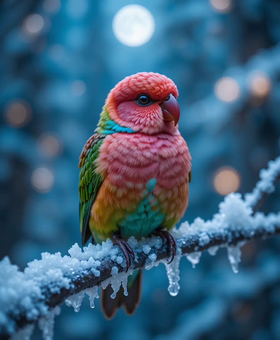 A Fischer's lovebird rests on an icy branch in a moonlit forest