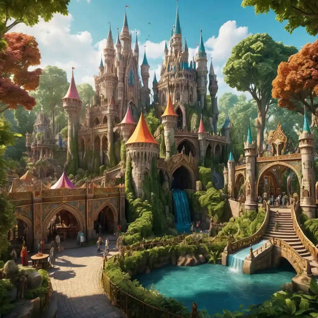 A Medieval Fantasy Amusement Park With Carved Stone and Towering Trees