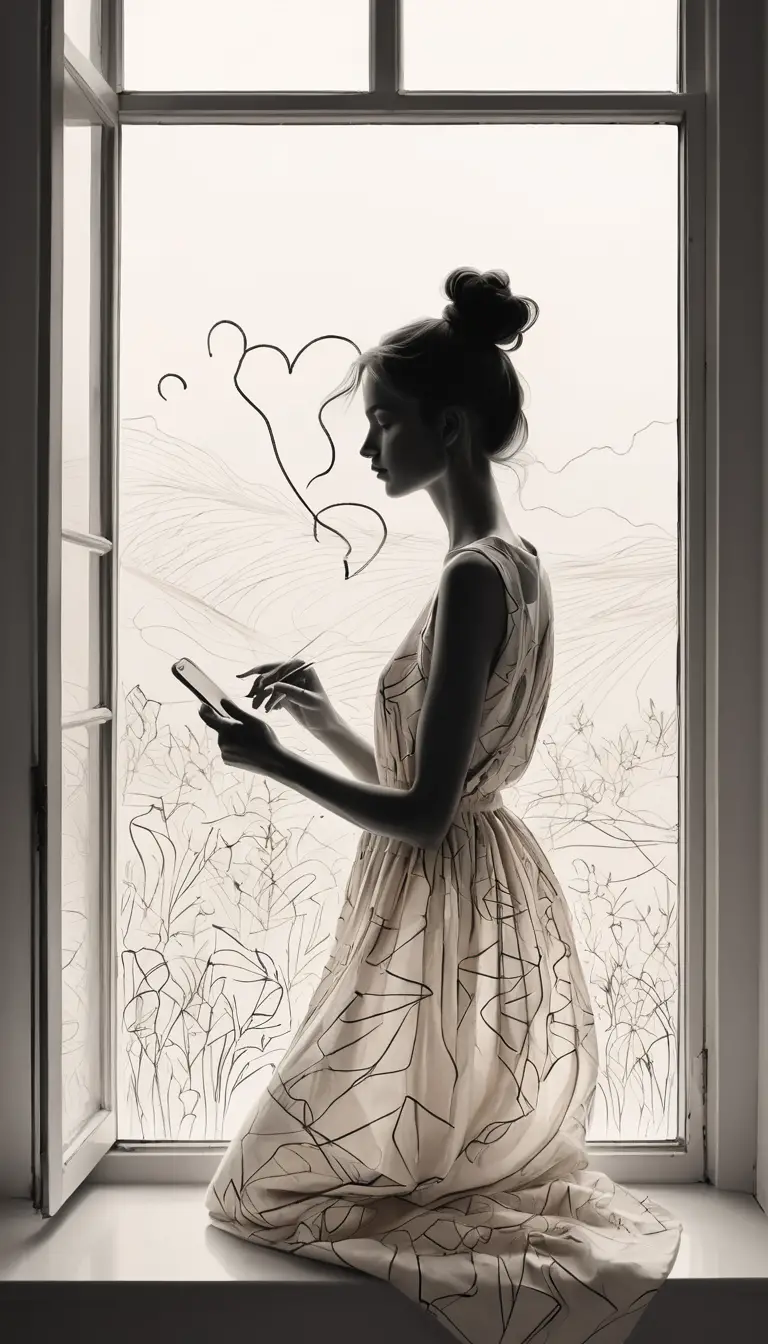 A girl sketches a heart on a fogged window in a flowing dress