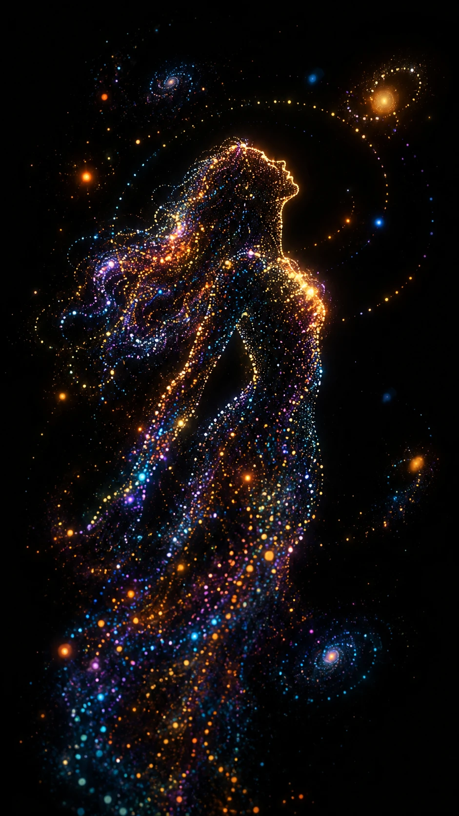 Silueta humana colorida formada por puntos luminosos sobre fondo negro