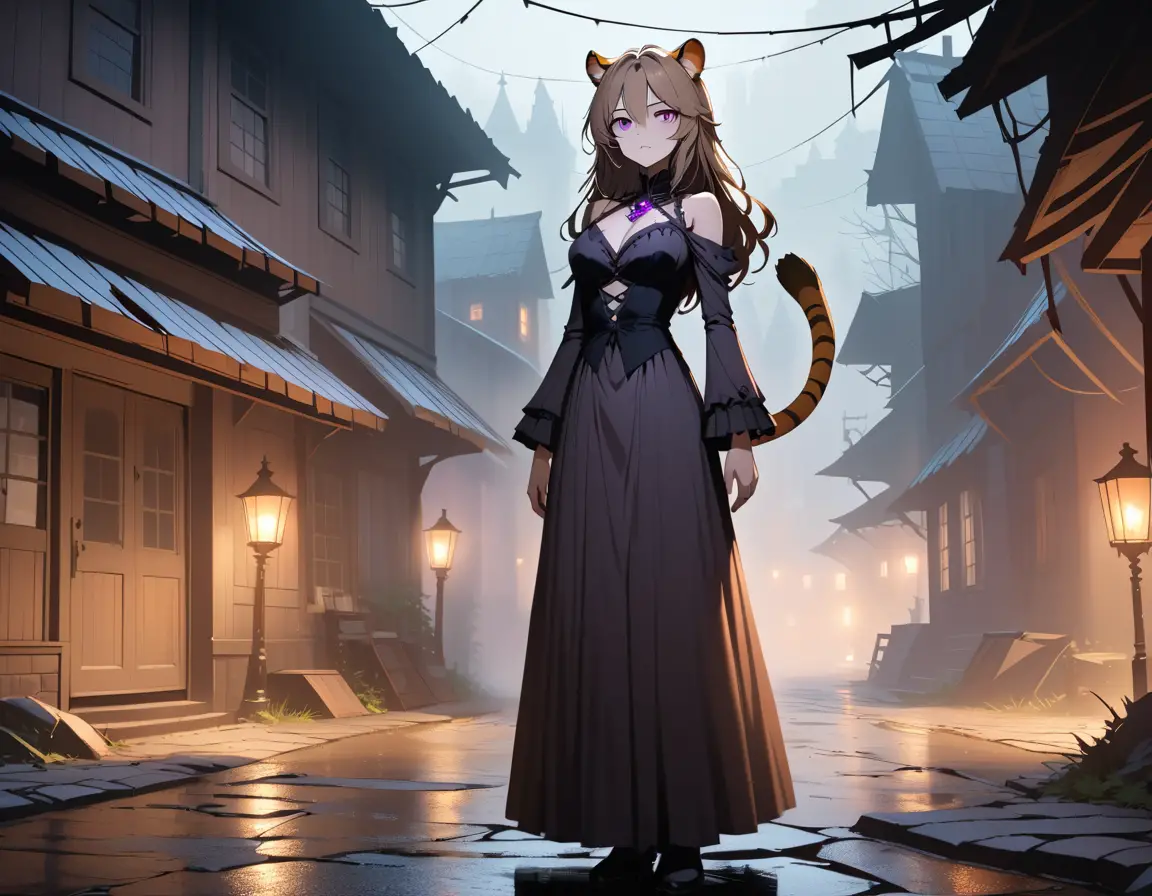 A tiger woman stands ominously along a foggy Victorian village street