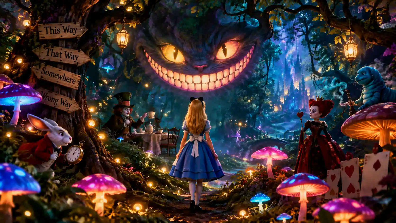 Alice fait face au sourire flottant du chat du Cheshire dans une forêt enchantée