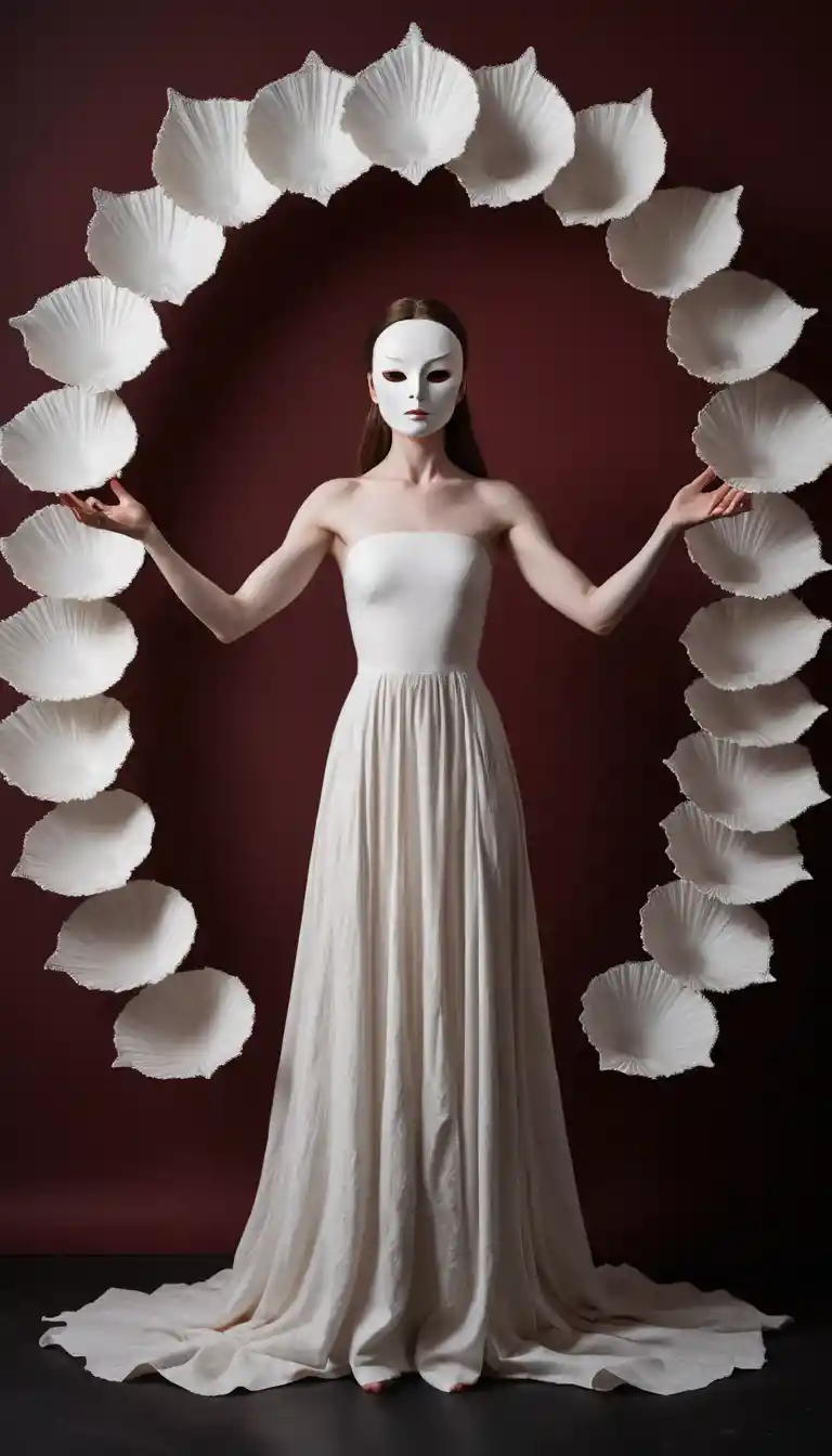 Uma mulher surrealista está entre máscaras dispostas em radiação, diante de um fundo carmesim