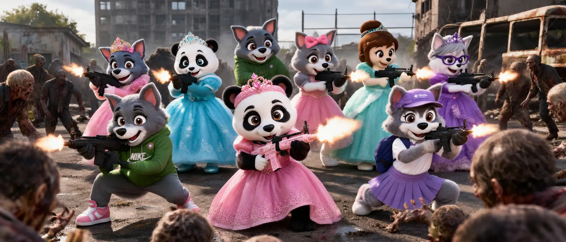 Diez mascotas disparan a zombis en una escena de acción grupal