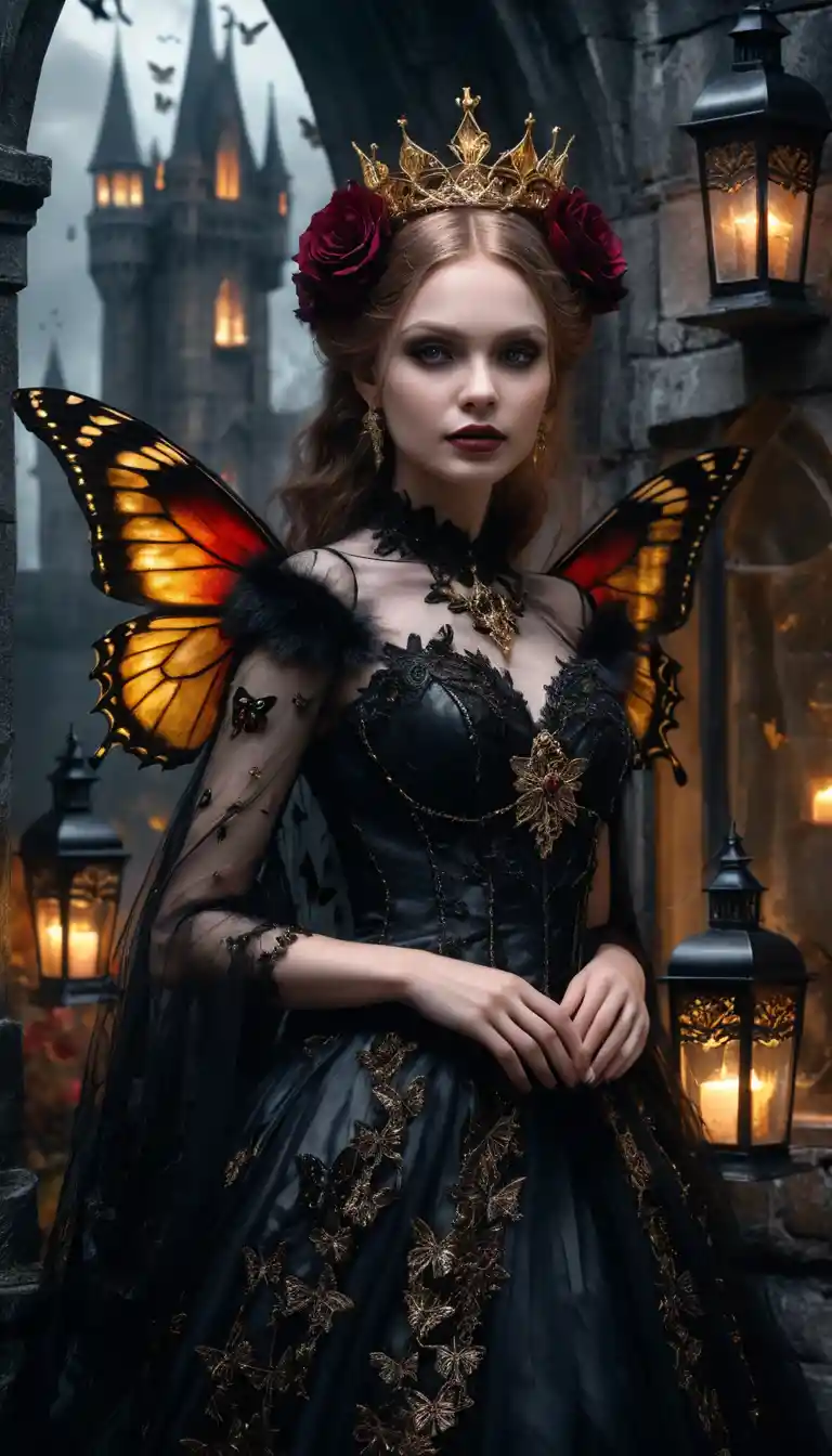 Uma rainha das fadas fantástica com asas de borboleta negras e uma coroa de metal escuro