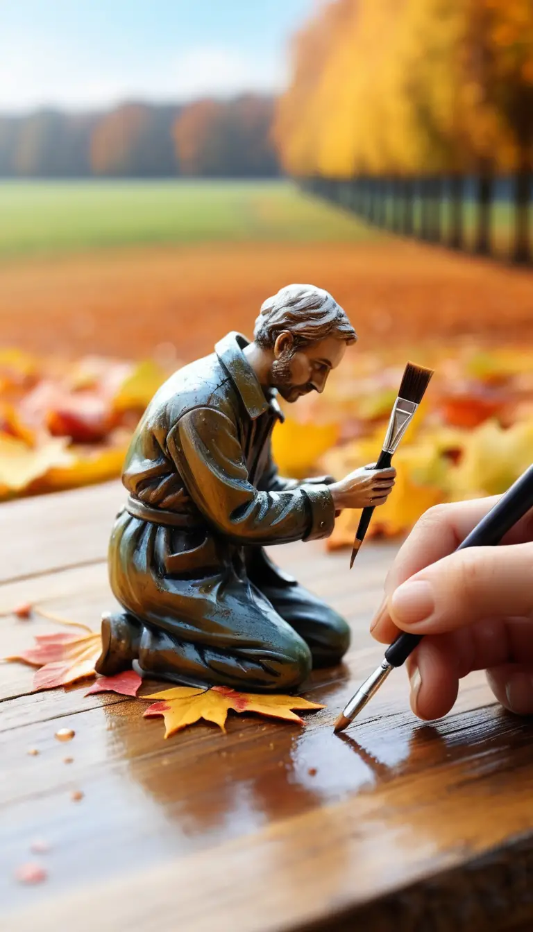 A delicate autumn landscape takes shape on a long fingernail