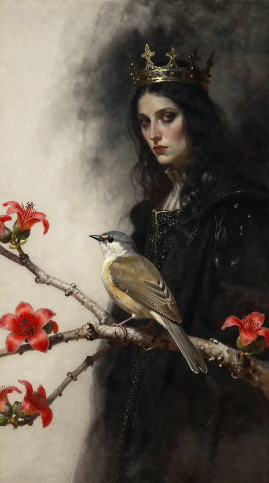 Swifts perched among red kapok blossoms in a soft watercolor scene