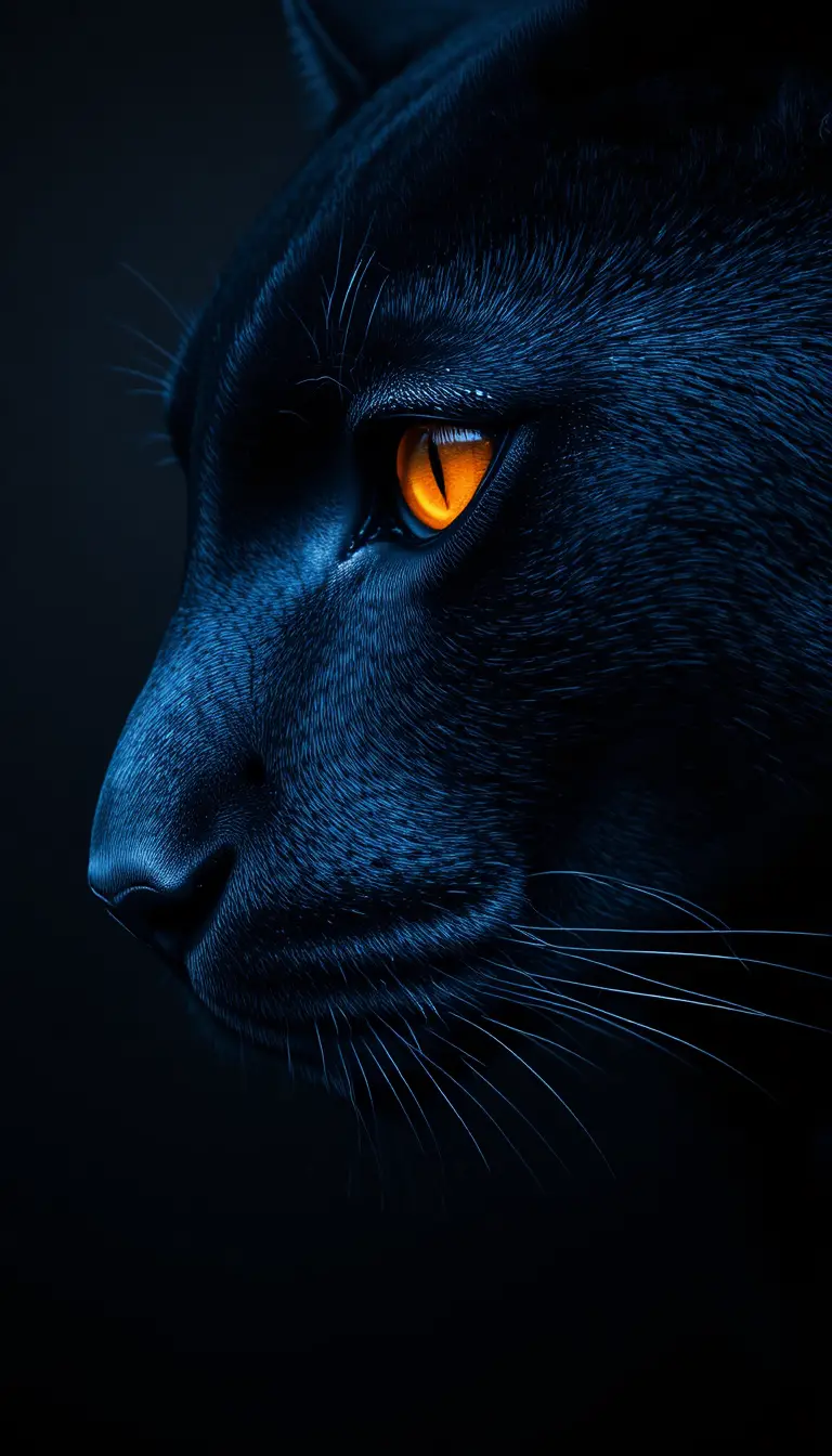 O olho âmbar brilhante de uma pantera negra surge entre pelos azul-escuros quase negros