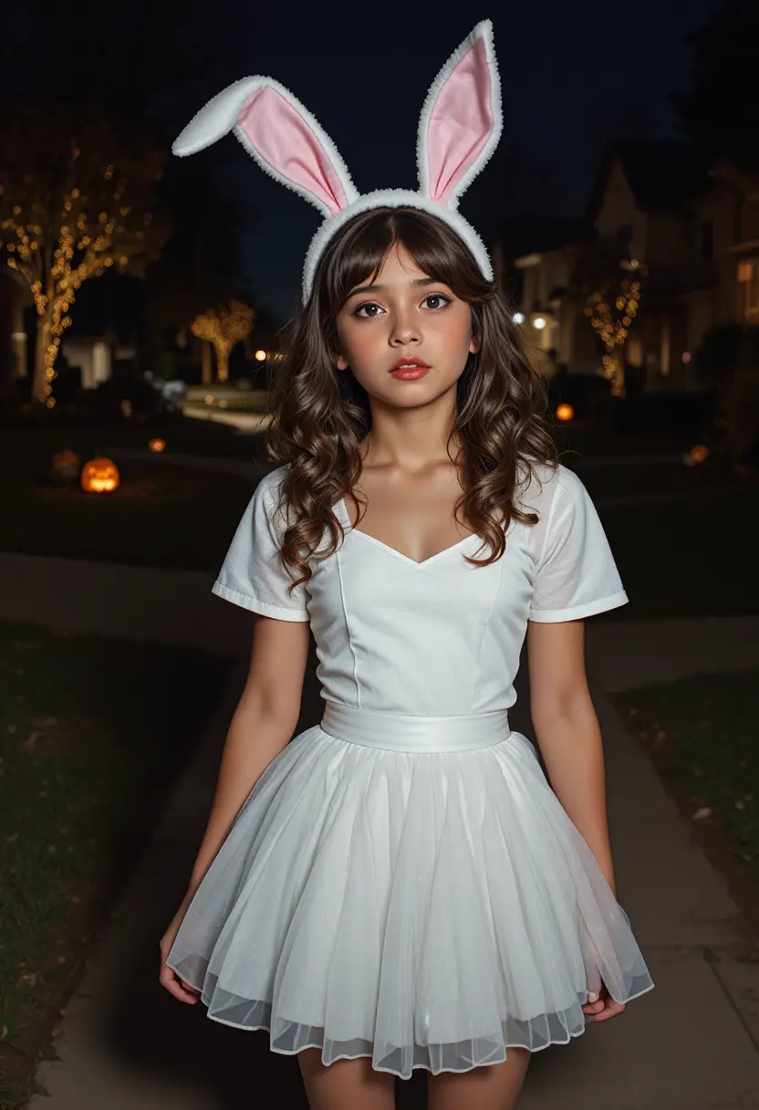 A nervous tween boy in a Halloween dress, wavy wig, and rabbit ears