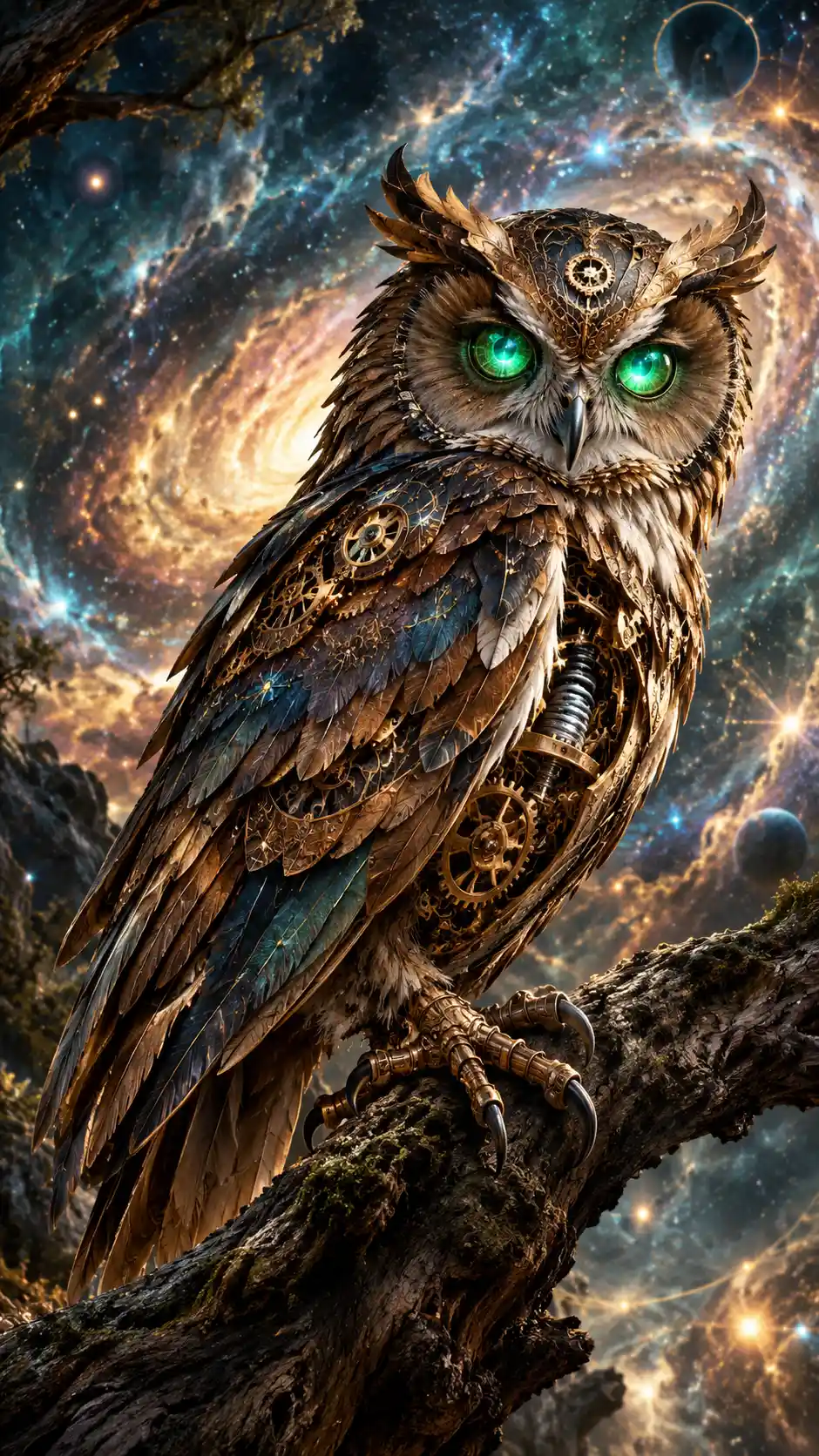 Clockwork Owl Perched on an Ancient Branch Beneath a Starry Nebula