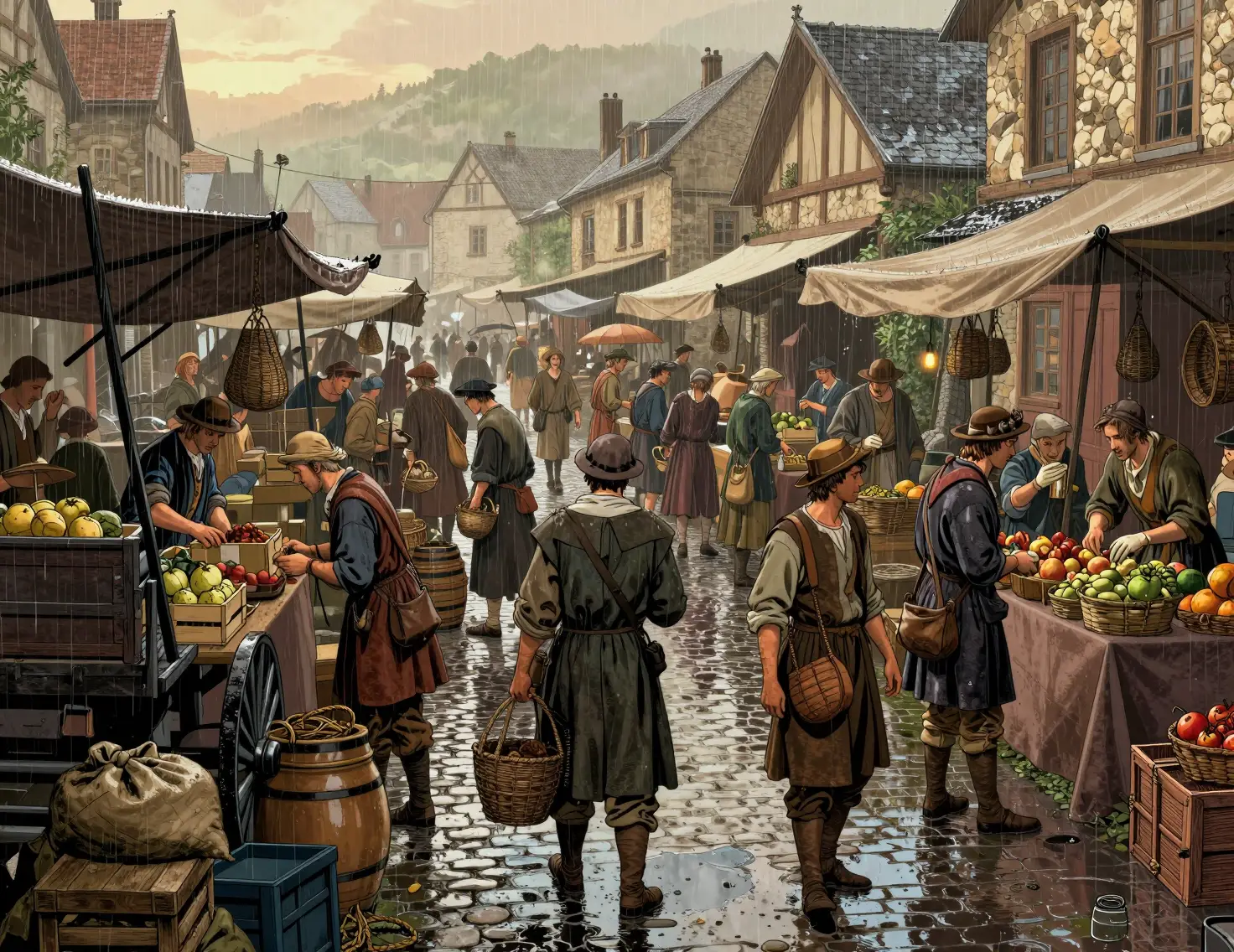 Merchants trade through a rainy seventeenth century European marketplace at dawn