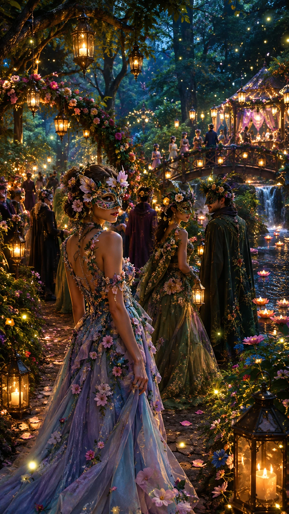 A masquerade festival glows among fireflies in an enchanted forest