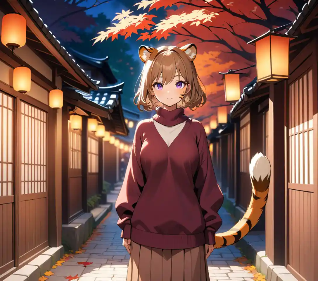 A tiger woman walks through a lantern lit Kyoto alley