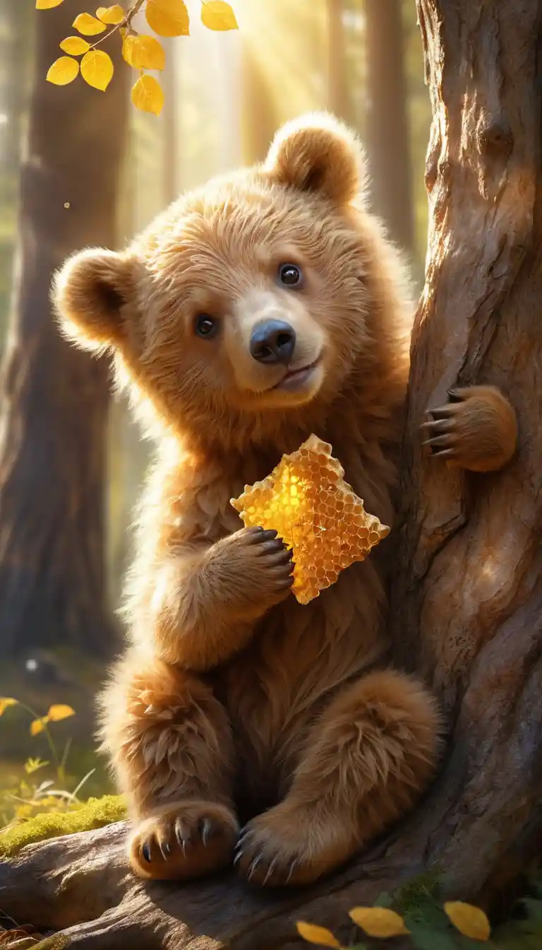 Un cucciolo d'orso bruno dorato si gode il miele sotto gli alberi illuminati dal sole