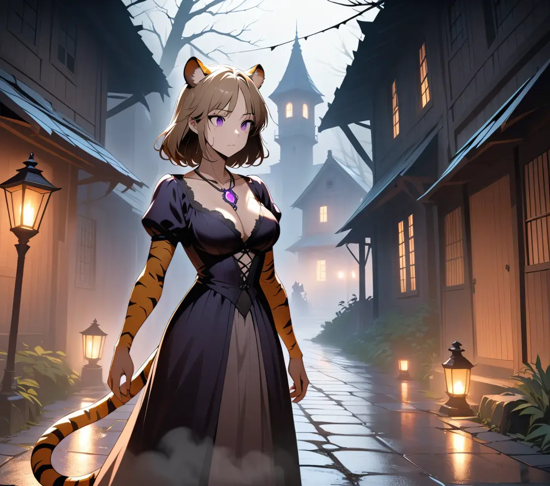 A tiger woman stands on a foggy victorian village street