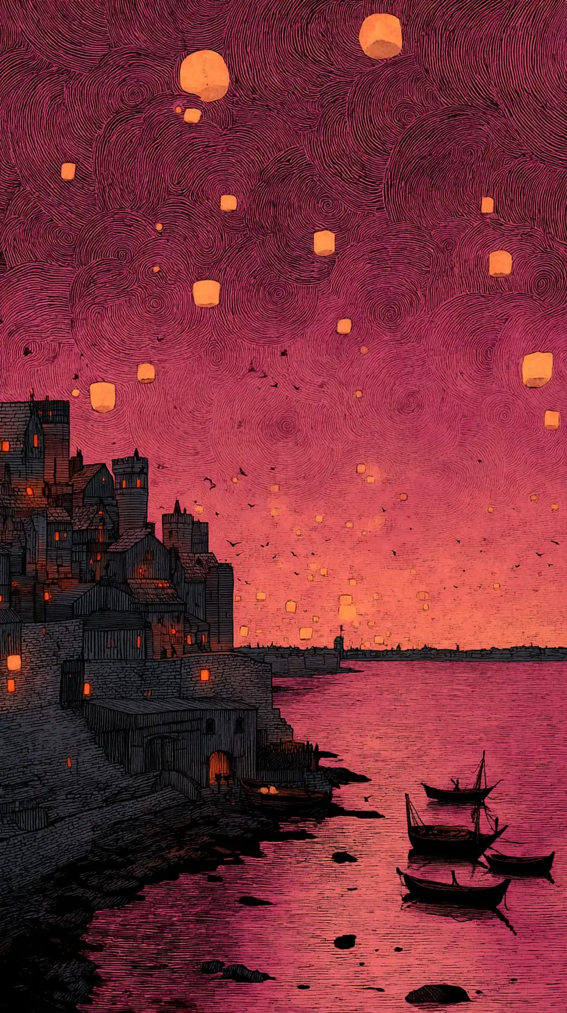 Fellige Gestalten beobachten die hereinbrechende Nacht am Meer und vor einer antiken Stadt