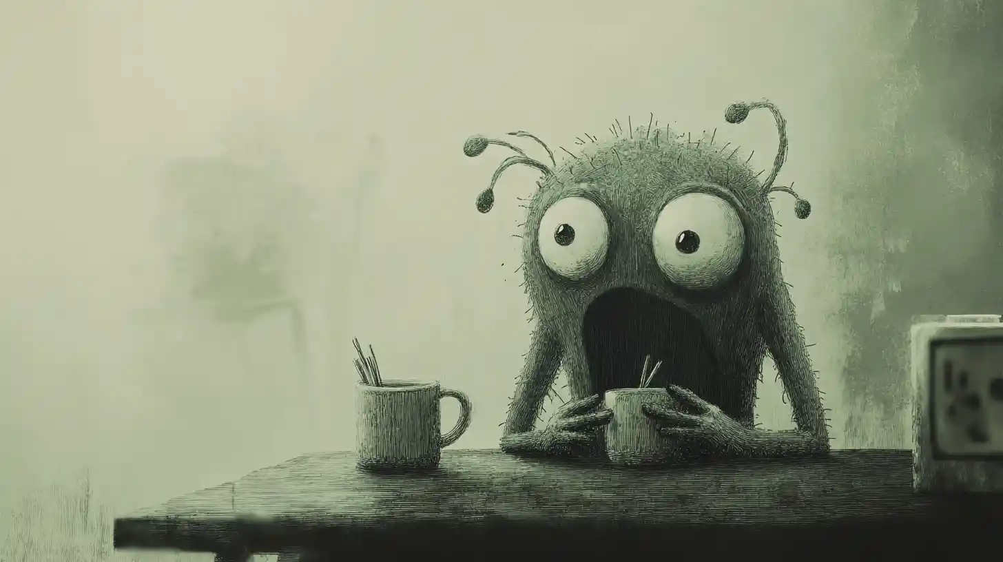 Un lundi est assis au chevet, à côté d'une tasse de café qui attend