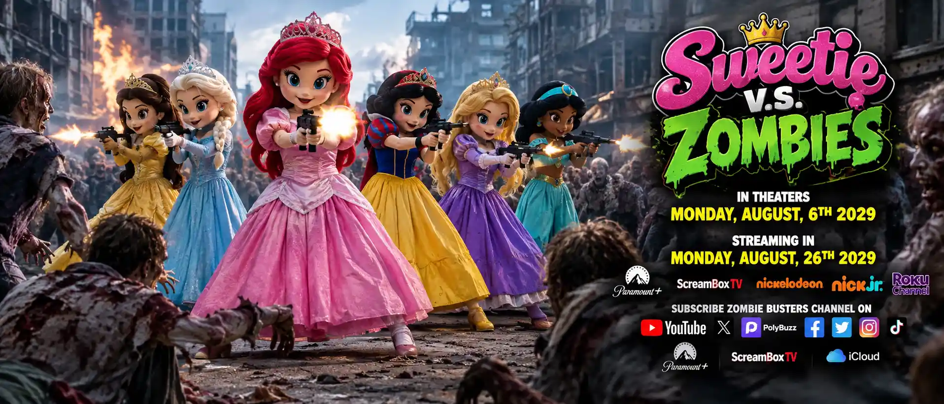 Principesse mascotte sparano agli zombie in una scena fotografica