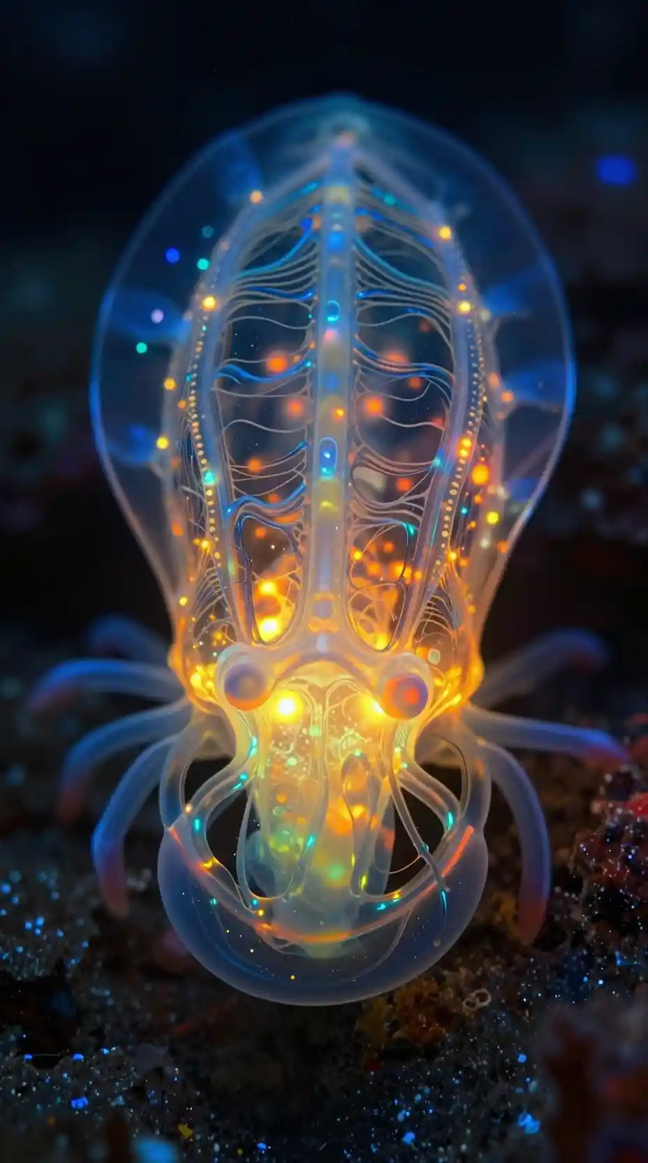 A bioluminescent deep-sea creature glows in volcanic darkness