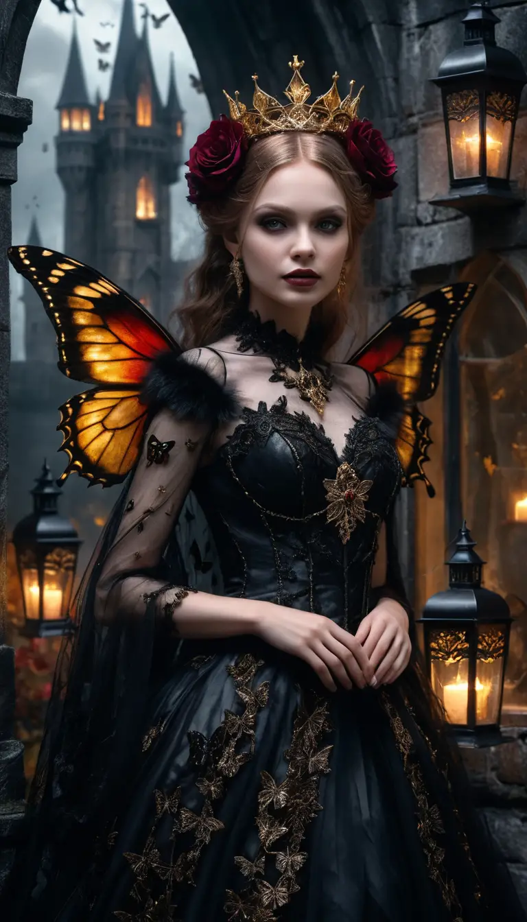 Uma rainha das fadas fantástica com asas de borboleta negras e uma coroa de metal escuro