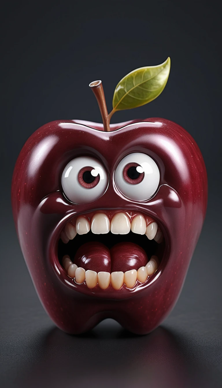 Uma maçã cor de vinho em forma de molar, com uma minúscula minhoca de desenho animado a espreitar