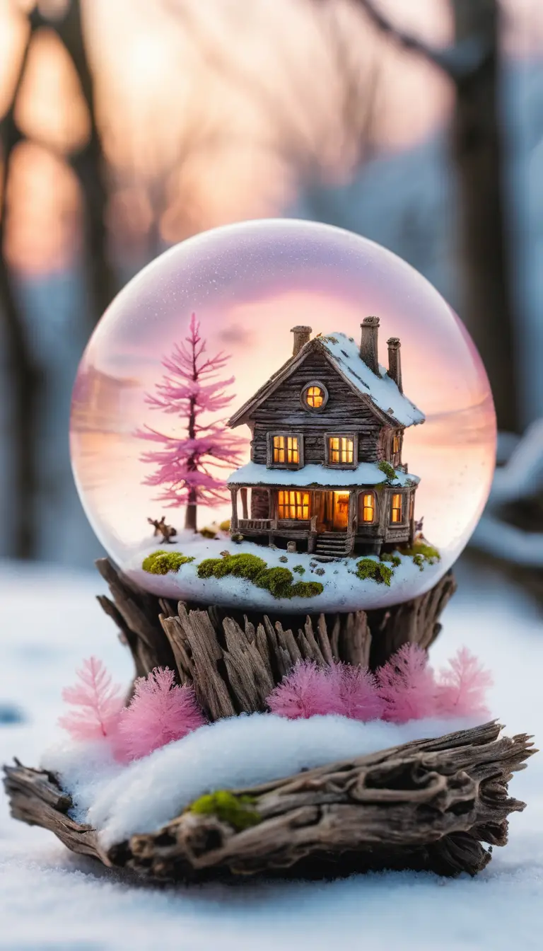 A Miniature Snowy House and Stream Rest on Mossy Driftwood