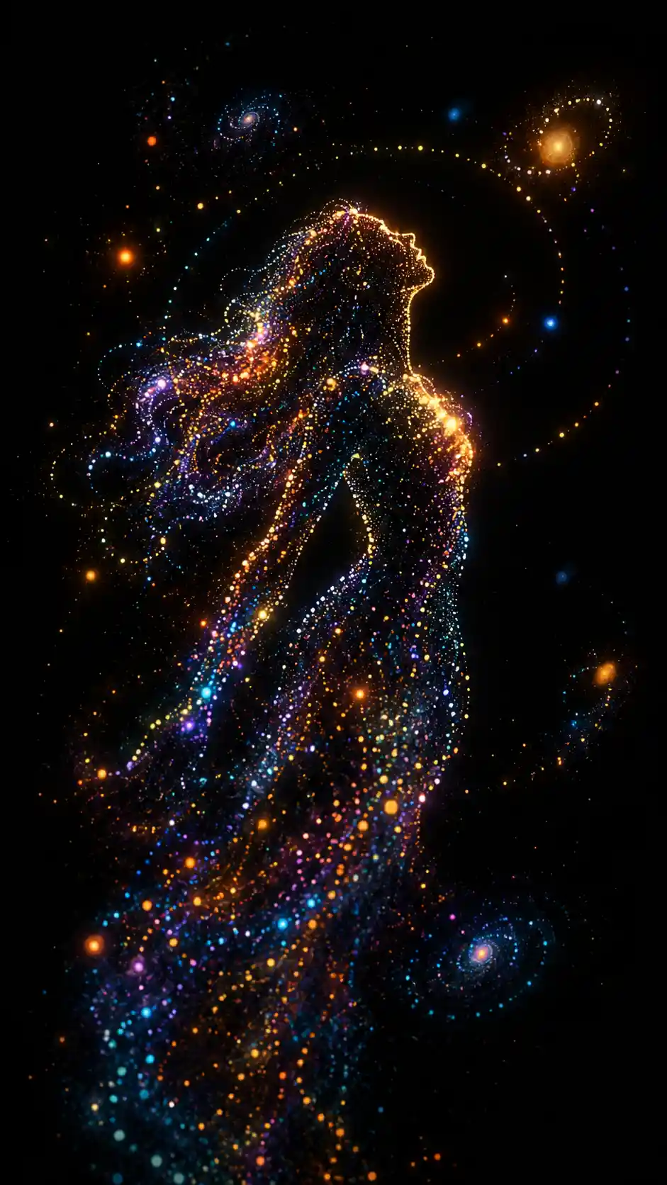 Silueta humana colorida formada por puntos luminosos sobre fondo negro