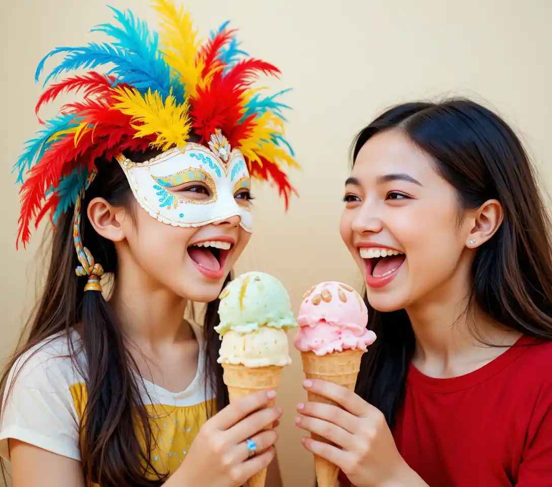 Una ragazza con la mascherina ride tenendo in mano un cono gelato con tre palline