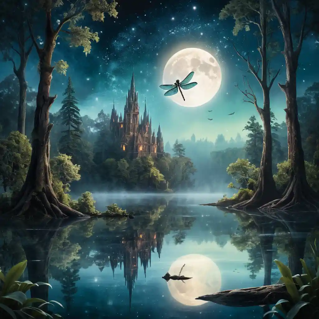 Une brume en forme de libellule s'élève d'un lac éclairé par la lune, au milieu des arbres d'une forêt ancienne