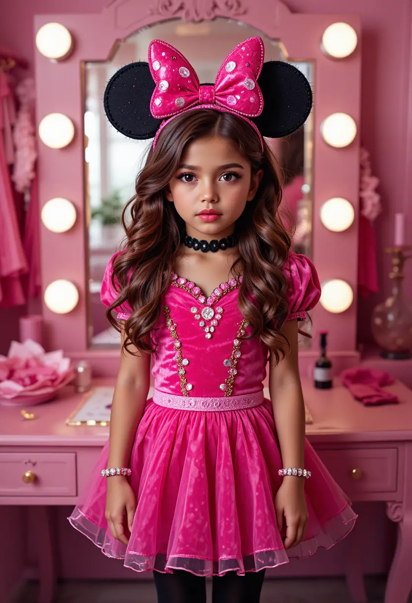 A nervous boy in a princess Minnie Mouse costume stands before a vanity
