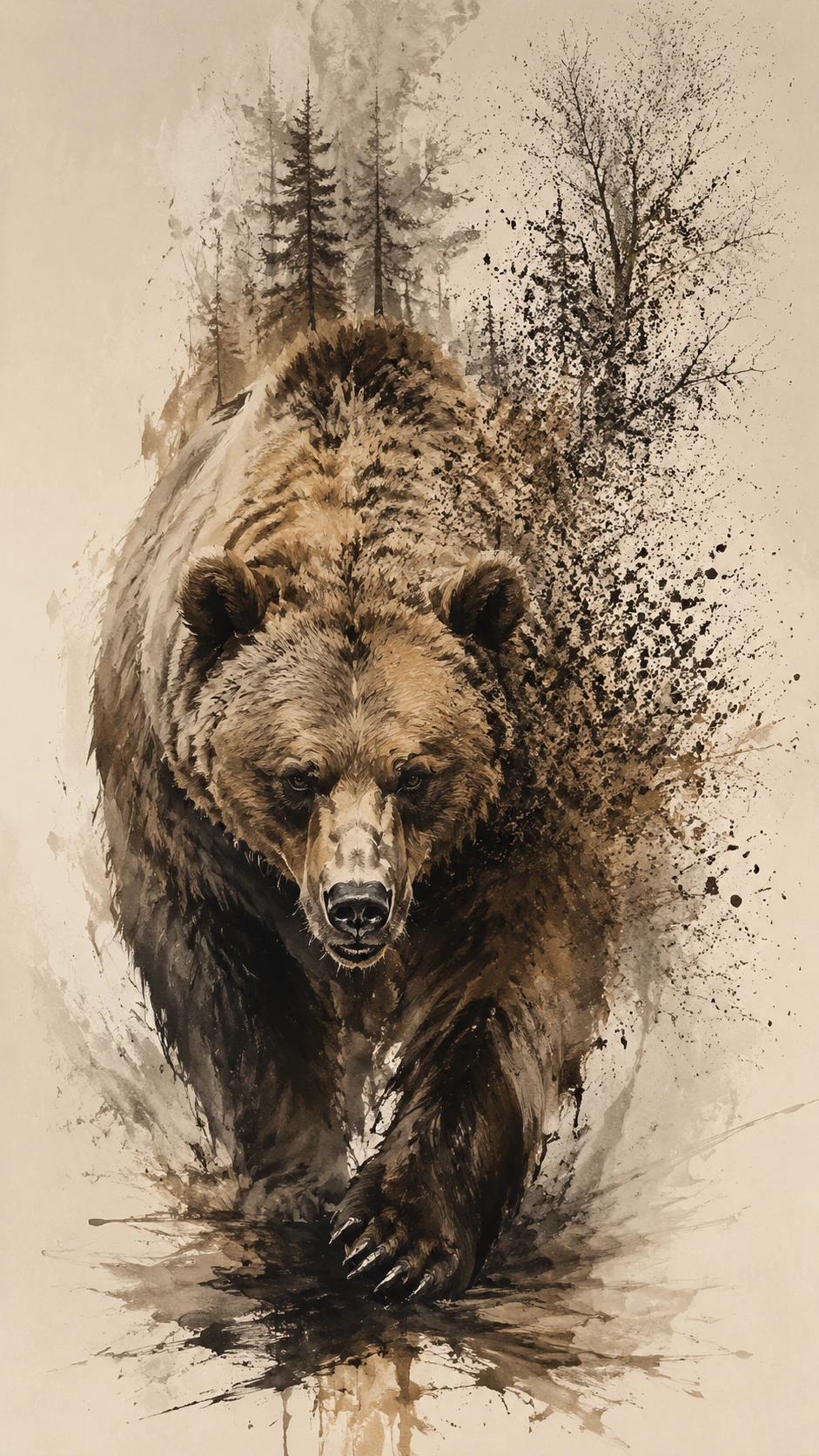 Un orso bruno cammina in un campo aperto color avorio