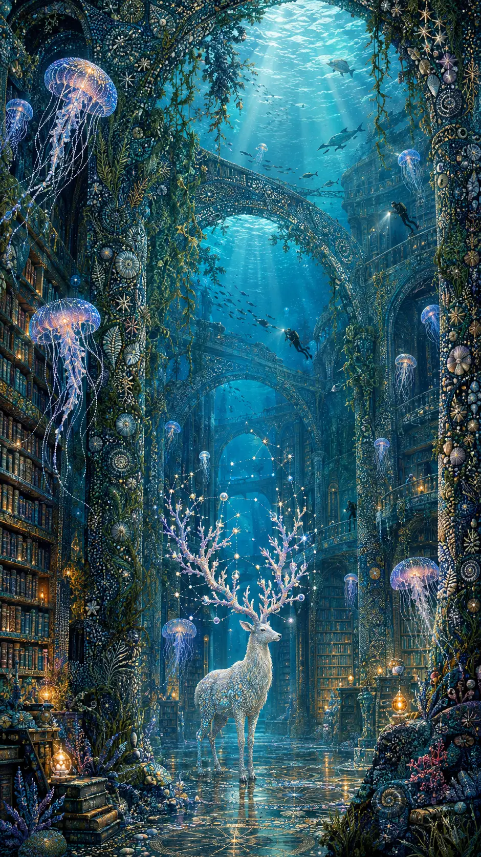 Uma biblioteca fantástica submersa abriga um cervo branco sob um lago cristalino