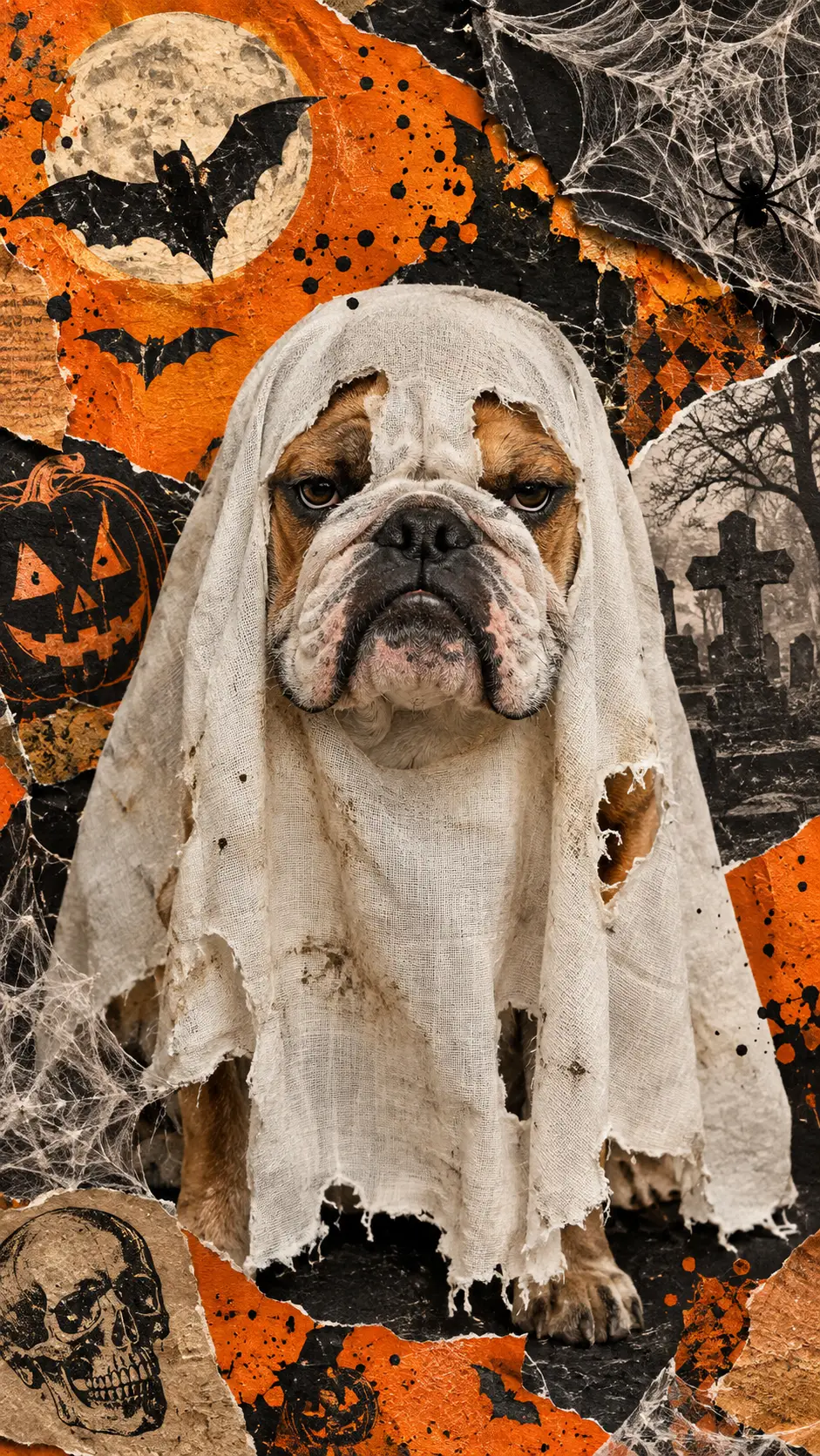 Ein mürrischer Hund trägt zu Halloween ein zerschlissenes Geisterkostüm