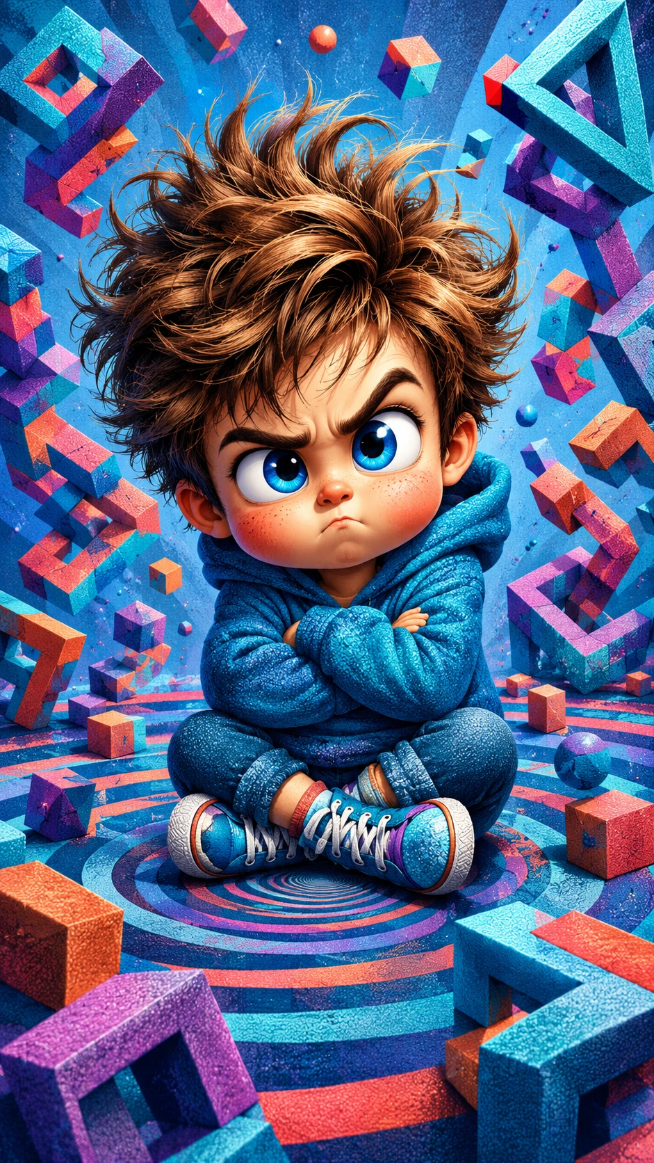 A Stubborn Boy Sits Cross-Legged With Folded Arms and Puffed Cheeks