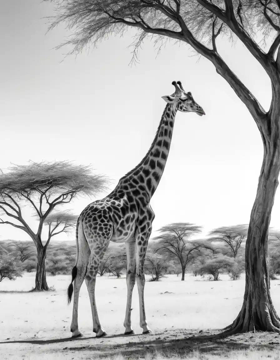 Una giraffa si allunga per raggiungere le foglie di acacia nella savana soleggiata