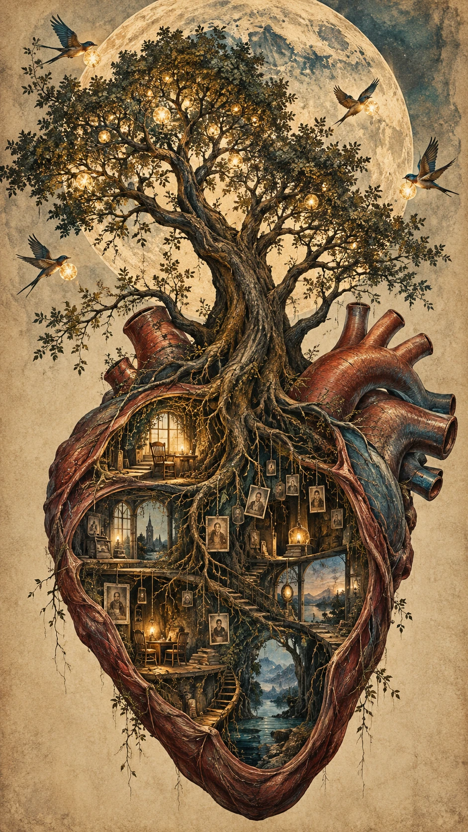 Uma árvore antiga se ergue de um coração aberto em direção à lua