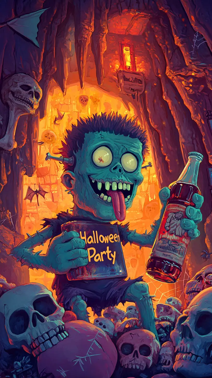 Um monstro de Frankenstein mostra a língua enquanto segura uma cola envenenada