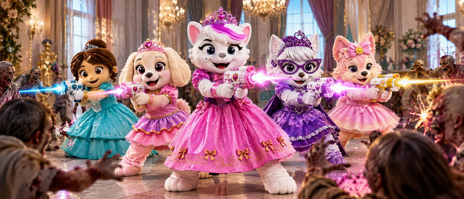 Prinzessinnen-Maskottchen sind beim Schießen auf Zombies zu sehen