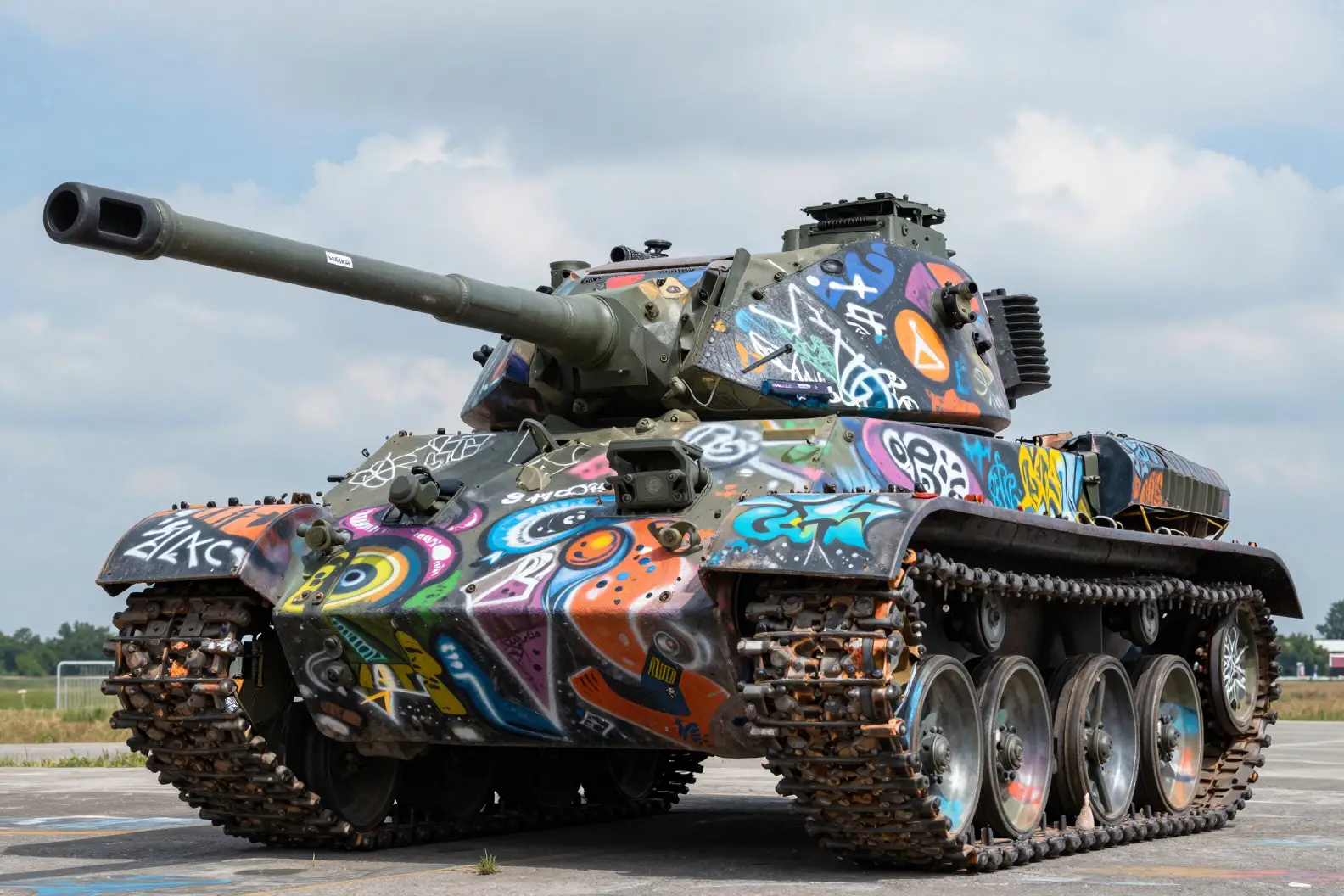Um tanque coberto de grafites transformado em arte sob um céu luminoso