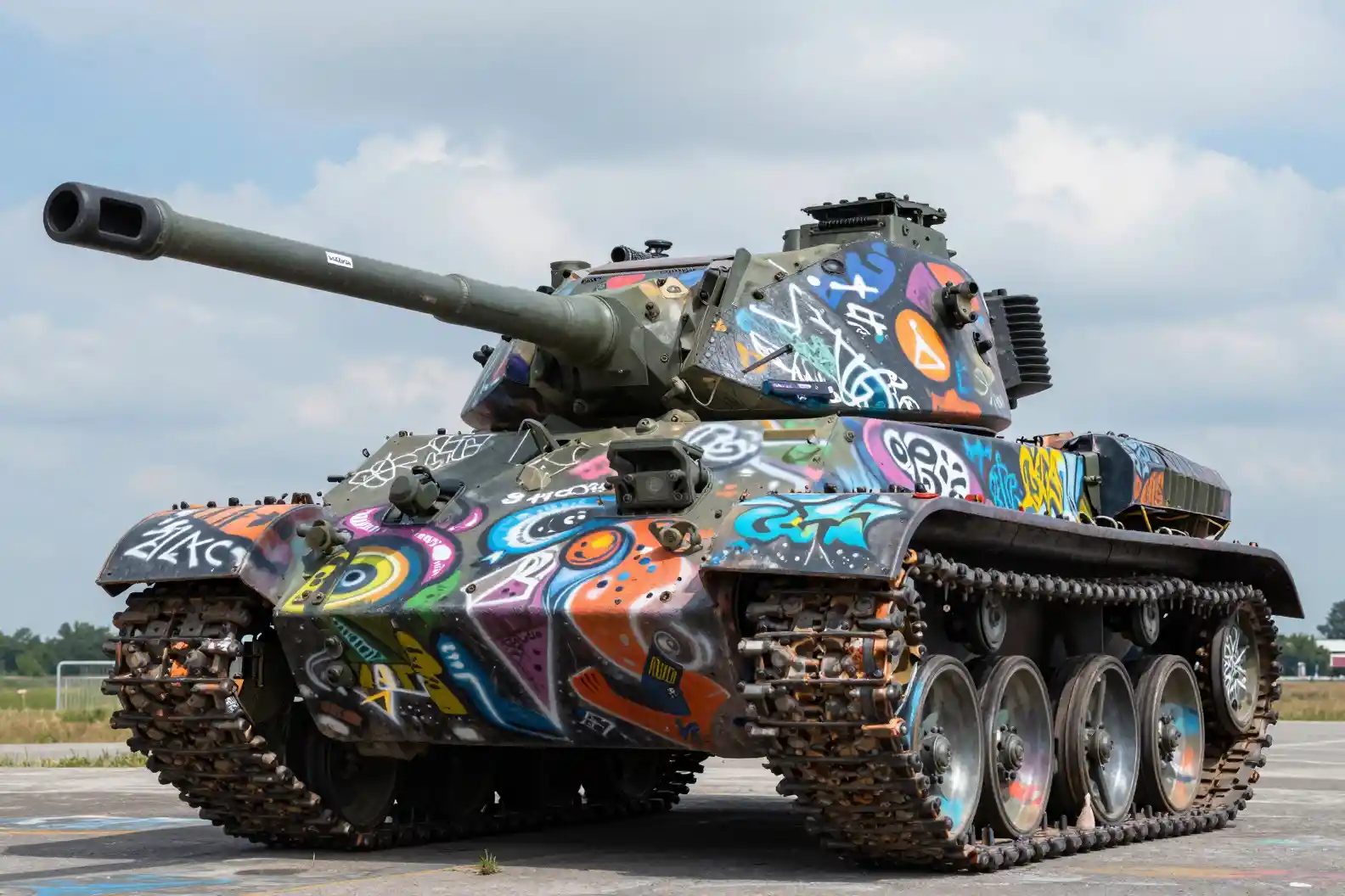 Um tanque coberto de grafites transformado em arte sob um céu luminoso