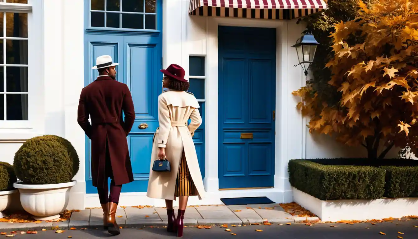 A Black couple walks along a romantic autumn cobblestone street