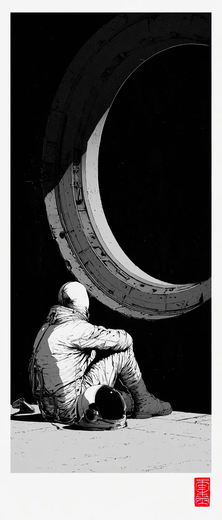 Um engenheiro espacial contempla o vazio ao lado de uma antepara aberta