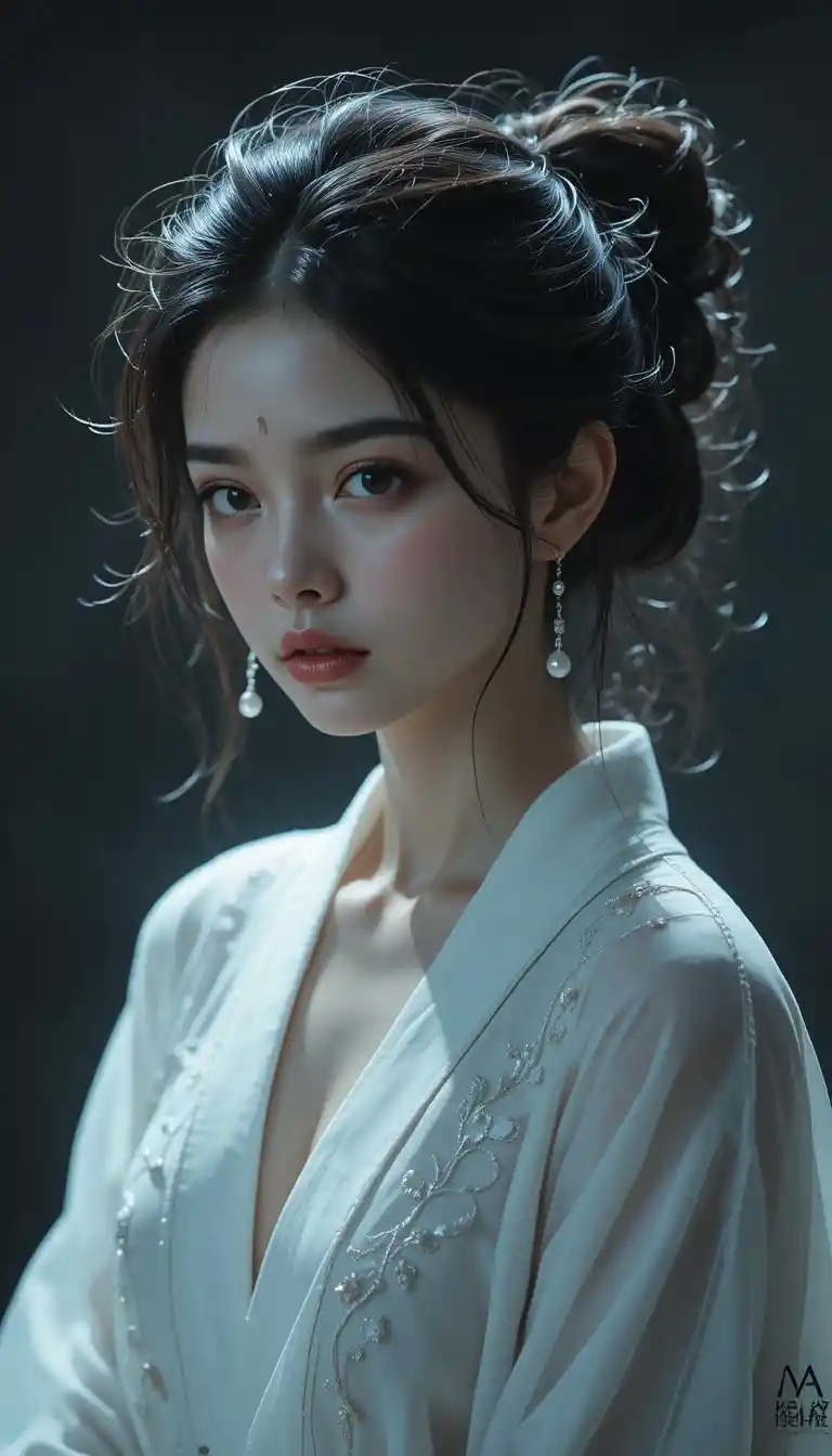 진주 귀걸이와 흰 로브를 걸친 몽환적인 젊은 여성