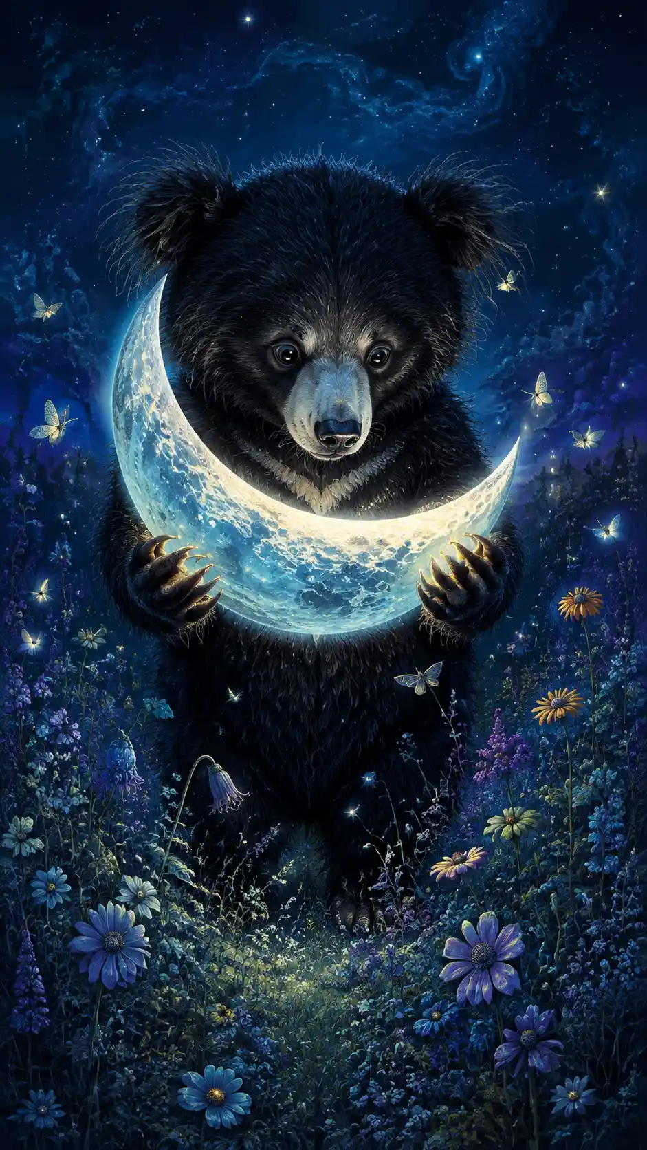 A sloth bear holds a glowing crescent moon in a midnight meadow