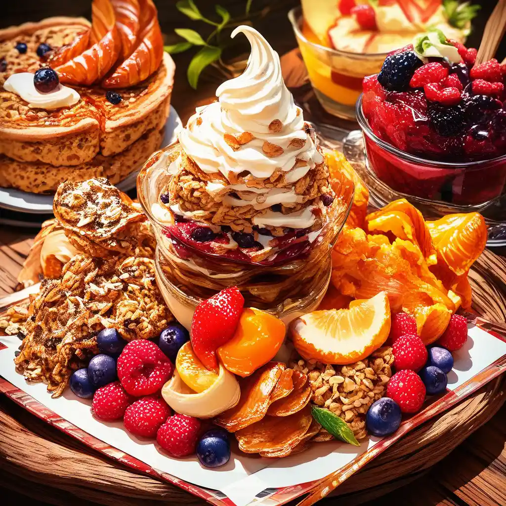 Uma bandeja de café da manhã com panquecas, calda e mirtilos sobre uma tábua de madeira
