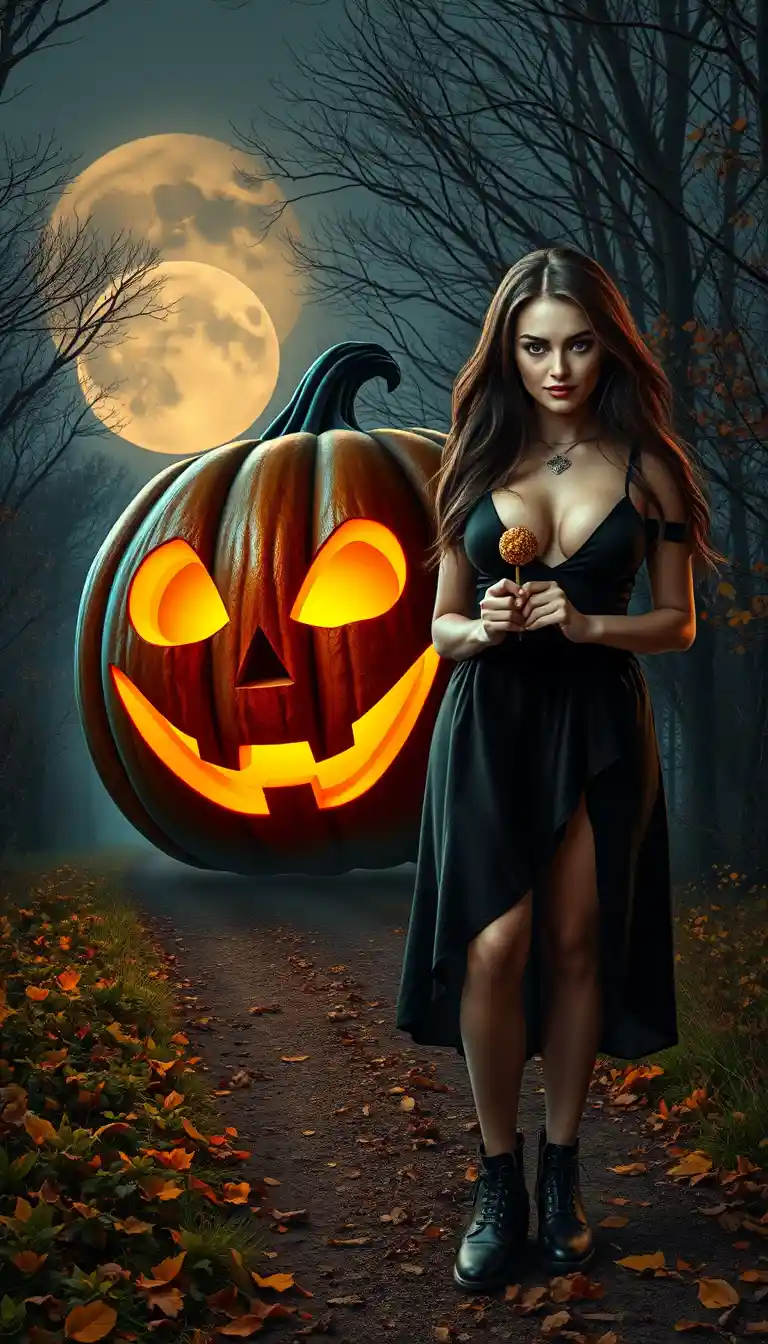 Uma abóbora de Halloween sorridente e uma bruxa compartilham uma trilha enevoada na floresta