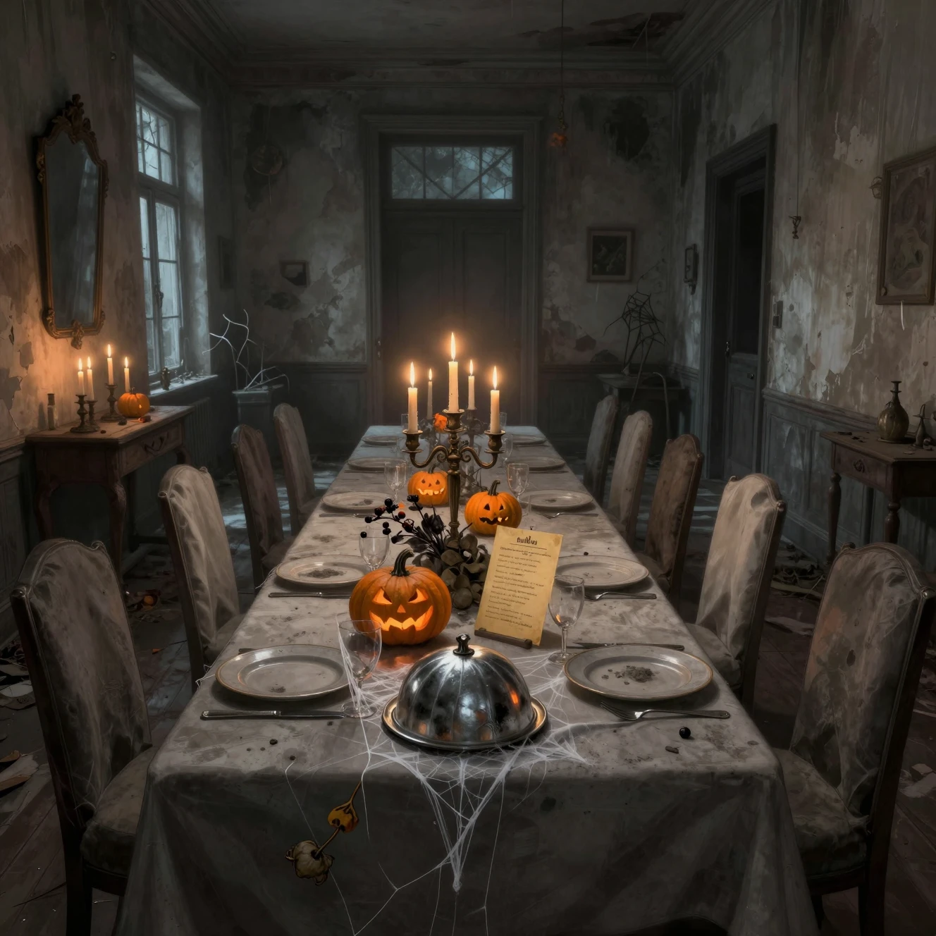 A forgotten Halloween banquet table in a dusty dining hall